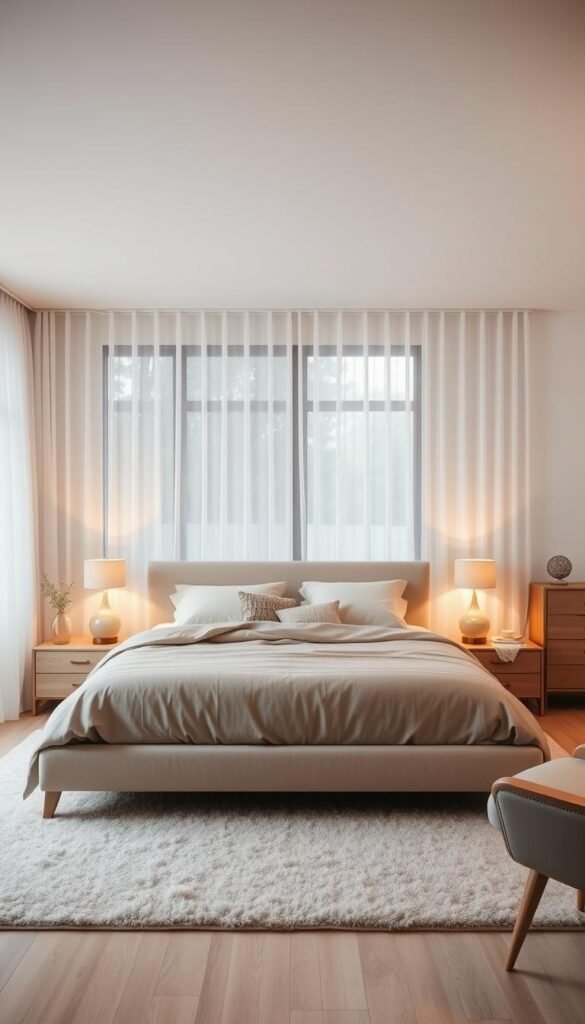 A cozy and inviting bedroom layout optimized for quality sleep. The focal point is a comfortable king-sized bed with plush bedding in soothing neutral tones. Flanking the bed are two minimalist nightstands with reading lamps that emit a soft, warm glow. In the background, a large window allows natural light to filter in, while sheer curtains diffuse the illumination for a tranquil ambiance. The room is furnished with a modern dresser and armchair, creating a harmonious and clutter-free space. Subtle textures, such as a plush area rug and textured throw pillows, add depth and visual interest. The overall atmosphere is one of relaxation and serenity, promoting a restful and rejuvenating sleep experience.