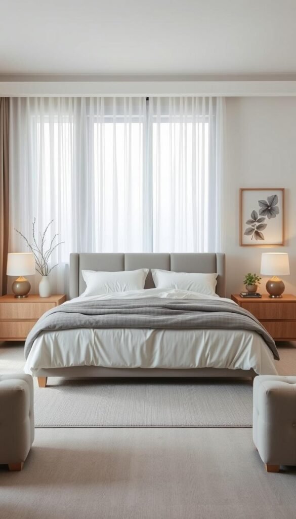 A cozy and inviting bedroom layout that promotes restful sleep. A plush, king-size bed with high-quality linens takes center stage, flanked by matching nightstands with soft bedside lamps. In the background, a large window with sheer curtains lets in gentle, diffused lighting, creating a serene and calming atmosphere. Minimal, tasteful decor - a potted plant, a piece of abstract wall art - enhances the tranquil ambiance. The room's neutral color palette of soft grays and whites, coupled with the harmonious furniture arrangement, instills a profound sense of peace and relaxation, ideal for achieving a good night's sleep. A cozy and inviting bedroom layout that promotes restful sleep. A plush, king-size bed with high-quality linens takes center stage, flanked by matching nightstands with soft bedside lamps. In the background, a large window with sheer curtains lets in gentle, diffused lighting, creating a serene and calming atmosphere. Minimal, tasteful decor - a potted plant, a piece of abstract wall art - enhances the tranquil ambiance. The room's neutral color palette of soft grays and whites, coupled with the harmonious furniture arrangement, instills a profound sense of peace and relaxation, ideal for achieving a good night's sleep.