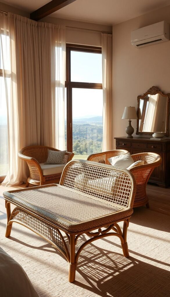 A cozy and inviting bedroom scene, bathed in warm natural light filtering through sheer curtains. In the foreground, a beautifully crafted cane bench stands as the centerpiece, its intricate woven pattern casting gentle shadows. Surrounding it, an arrangement of plush, overstuffed cane armchairs in a neutral palette, inviting the viewer to sink in and relax. In the middle ground, a wooden dresser with a large mirror reflects the scene, while the background features a tranquil landscape visible through the window, creating a sense of serene harmony. The overall atmosphere is one of understated elegance and natural, calming vibes. A cozy and inviting bedroom scene, bathed in warm natural light filtering through sheer curtains. In the foreground, a beautifully crafted cane bench stands as the centerpiece, its intricate woven pattern casting gentle shadows. Surrounding it, an arrangement of plush, overstuffed cane armchairs in a neutral palette, inviting the viewer to sink in and relax. In the middle ground, a wooden dresser with a large mirror reflects the scene, while the background features a tranquil landscape visible through the window, creating a sense of serene harmony. The overall atmosphere is one of understated elegance and natural, calming vibes.