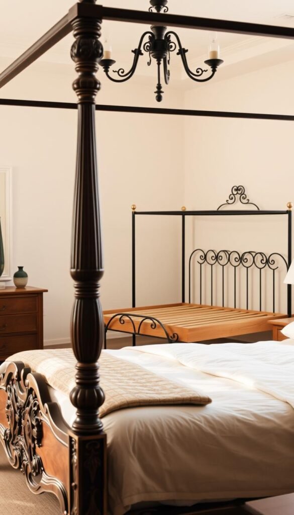 A cozy and inviting bedroom scene showcasing a variety of bed frame styles, from classic and ornate to sleek and modern. In the foreground, an elegant four-poster bed with intricate carved detailing stands in a warm, softly lit space. In the middle ground, a mid-century inspired platform bed with clean lines and a natural wood finish contrasts with an ornamental wrought-iron bed frame in the background. Soft, diffused lighting creates a serene, peaceful atmosphere, highlighting the diverse range of bedroom furniture applications.