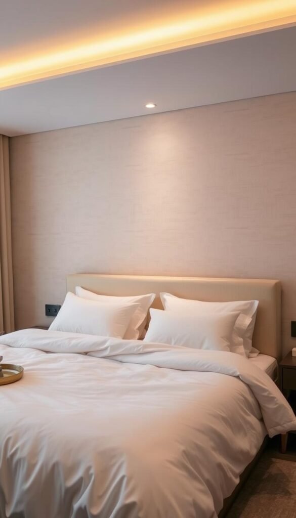 A cozy and inviting bedroom setting, with a plush bed placed against a textured wall. Warm, diffused lighting casts a soft glow, creating a serene atmosphere. The bed, with its crisp white linens and plush pillows, is the focal point, positioned to maximize comfort and relaxation. The wall behind the bed features a subtle pattern or texture, adding depth and visual interest. The room's layout is thoughtfully designed, allowing for easy movement and flow around the bed. Carefully selected accessories, such as a bedside table and a piece of artwork, complement the overall aesthetic. This image captures the essence of creating a perfect sleeping sanctuary, where one can unwind and recharge in style. A cozy and inviting bedroom setting, with a plush bed placed against a textured wall. Warm, diffused lighting casts a soft glow, creating a serene atmosphere. The bed, with its crisp white linens and plush pillows, is the focal point, positioned to maximize comfort and relaxation. The wall behind the bed features a subtle pattern or texture, adding depth and visual interest. The room's layout is thoughtfully designed, allowing for easy movement and flow around the bed. Carefully selected accessories, such as a bedside table and a piece of artwork, complement the overall aesthetic. This image captures the essence of creating a perfect sleeping sanctuary, where one can unwind and recharge in style.
