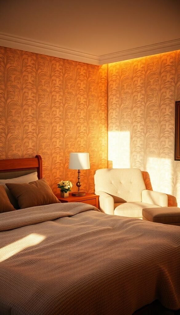 A cozy and inviting bedroom with a harmonious blend of colors and textures. The soft, warm lighting creates a relaxing ambiance, casting a gentle glow across the plush, textured bedding and the natural wooden furniture. The walls are adorned with a subtle, soothing wallpaper pattern, complementing the rich, earthy tones of the room. A large, comfortable armchair sits in the corner, inviting relaxation. The overall design exudes a sense of balance and tranquility, creating a peaceful and inviting space. A cozy and inviting bedroom with a harmonious blend of colors and textures. The soft, warm lighting creates a relaxing ambiance, casting a gentle glow across the plush, textured bedding and the natural wooden furniture. The walls are adorned with a subtle, soothing wallpaper pattern, complementing the rich, earthy tones of the room. A large, comfortable armchair sits in the corner, inviting relaxation. The overall design exudes a sense of balance and tranquility, creating a peaceful and inviting space.