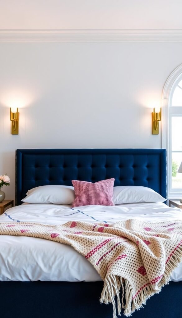 A cozy and inviting bedroom with a navy, white, and red color scheme. In the foreground, a plush, tufted navy blue headboard frames the scene, its sleek silhouette contrasting with the soft, ivory bedding. Scattered throughout the space are subtle red accents, such as patterned throw pillows and a cozy knitted blanket draped across the foot of the bed. The walls are painted a crisp, clean white, creating a calm and tranquil atmosphere. Soft, diffused lighting from a pair of angular brass sconces casts a warm glow across the room, while a large, arched window allows natural light to filter in, illuminating the space. The overall impression is one of understated elegance and a touch of patriotic charm.