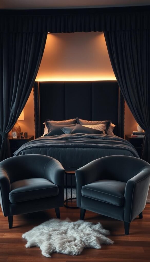 A cozy and inviting bedroom with a plush velvet bedframe in deep onyx hue, accented by a sumptuous bedding set in rich charcoal gray tones. The bed is framed by luxurious velvet curtains in a matching color, creating a sense of softness and drama. Warm, indirect lighting bathes the scene, casting a gentle glow and highlighting the alluring texture of the velvet. In the foreground, a pair of velvet-upholstered armchairs in a complementary shade invite relaxation, while a sheepskin rug on the hardwood floor adds an extra layer of tactile comfort. The overall atmosphere is one of refined elegance and serene sophistication.