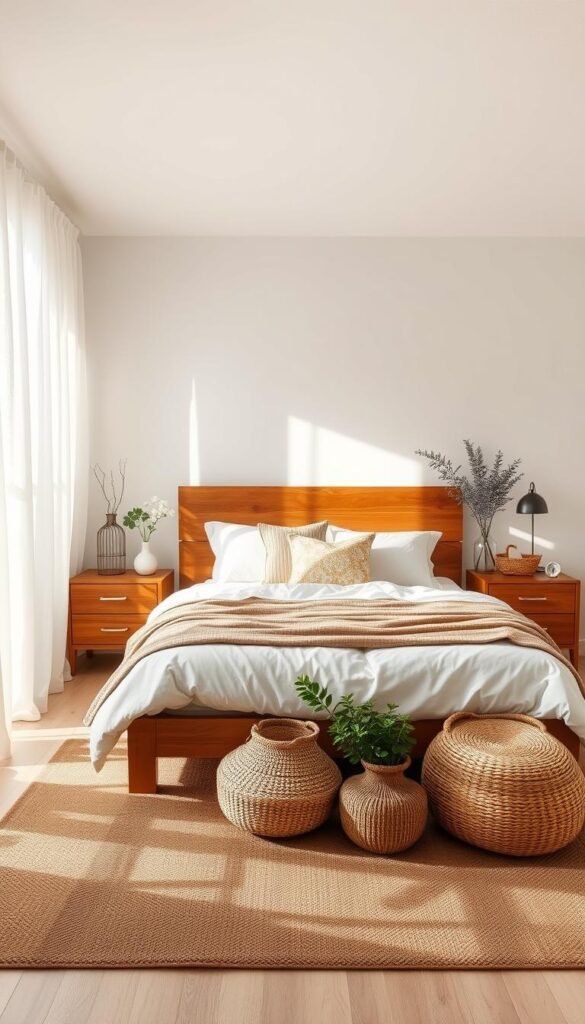 A cozy and inviting bedroom with natural wood accents. The warm tones of a solid wood headboard and nightstands create a harmonious balance against the crisp white walls and bedding. Soft ambient lighting filters through sheer curtains, casting a gentle glow across the space. A plush area rug in earthy hues grounds the scene, while potted plants and woven baskets add subtle organic elements. The overall atmosphere is one of calm sophistication, where the natural wood tones complement the bright, airy design. A cozy and inviting bedroom with natural wood accents. The warm tones of a solid wood headboard and nightstands create a harmonious balance against the crisp white walls and bedding. Soft ambient lighting filters through sheer curtains, casting a gentle glow across the space. A plush area rug in earthy hues grounds the scene, while potted plants and woven baskets add subtle organic elements. The overall atmosphere is one of calm sophistication, where the natural wood tones complement the bright, airy design.