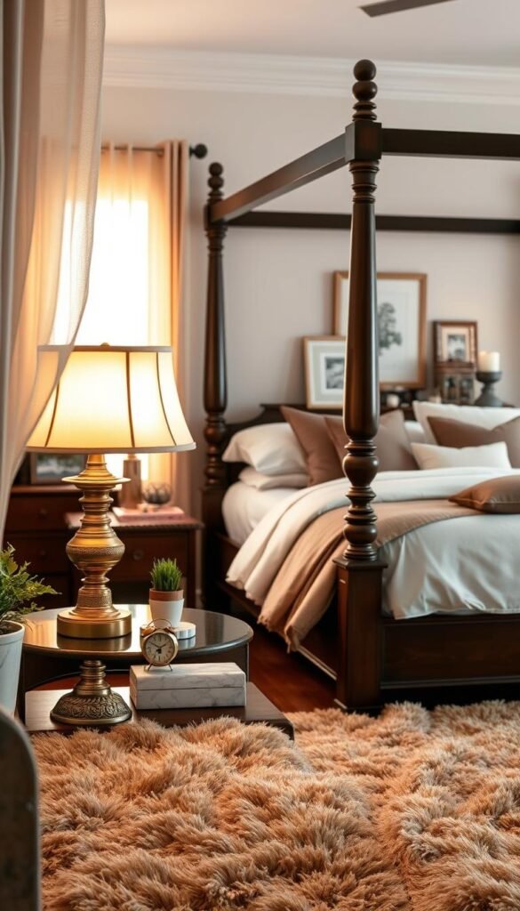A cozy and inviting dark wood bedroom scene, illuminated by warm, natural lighting filtering through sheer curtains. In the foreground, an ornate brass table lamp casts a soft glow over a plush, earthy-toned area rug. On the bedside table, a mix of decorative pieces like a potted plant, a marble coaster, and a vintage alarm clock create a lived-in, personal touch. In the middle ground, the centerpiece is a sturdy, dark wood four-poster bed, dressed with crisp white linens and an array of plush pillows in complementary hues. The background features a wooden dresser adorned with candles, framed artwork, and other carefully curated accessories that enhance the overall elegance and sophistication of the space.
