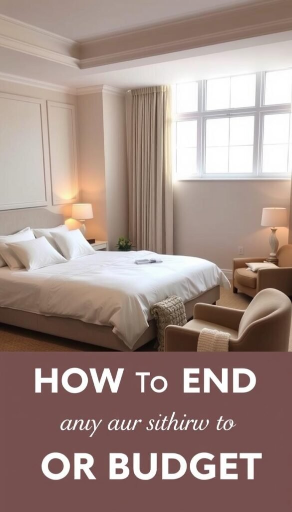 A cozy and inviting luxury bedroom with a neutral color palette, featuring a plush king-sized bed with crisp white linens, a pair of sleek nightstands with minimalist lamps, and a small sitting area with a velvet armchair. The room has warm, diffused lighting from a large window, creating a soft, glowing ambiance. Subtle textural elements, such as a woven area rug and a knitted throw, add depth and visual interest. The overall design strikes a balance between opulence and affordability, showcasing how to achieve a high-end aesthetic on a budget.