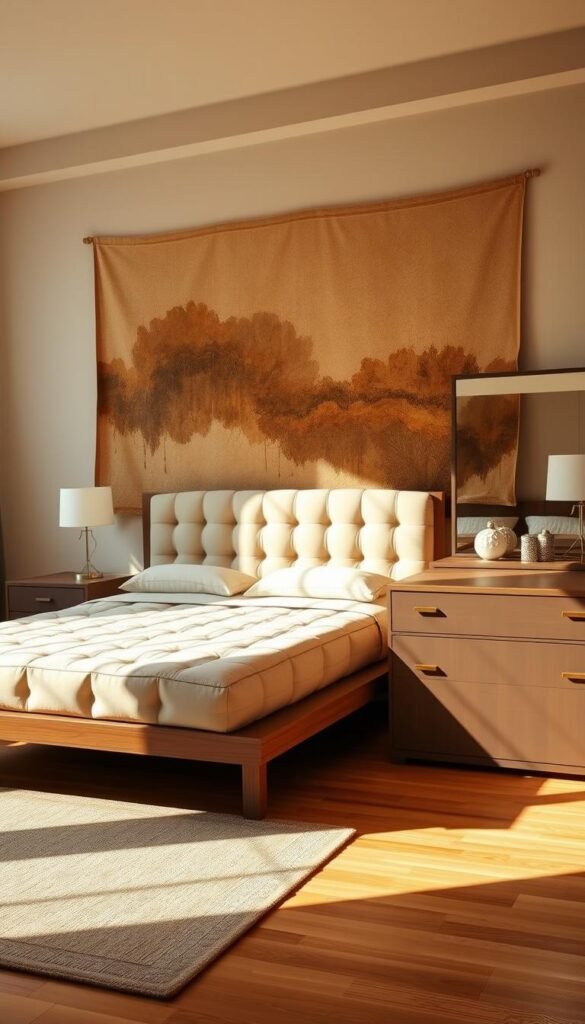 A cozy and inviting modern Pakistani bedroom set, bathed in warm, natural lighting. The focal point is a plush, tufted king-sized bed with a sleek, minimal wooden frame, surrounded by a pair of nightstands with minimalist lamps. In the middle ground, a stylish dresser with clean lines and brass hardware stands adjacent to a full-length mirror. The background features a large, abstract wall hanging in muted earth tones, complementing the earthy color palette. The overall mood is one of understated elegance and tranquility, capturing the essence of a thoughtfully designed, contemporary Pakistani bedroom.