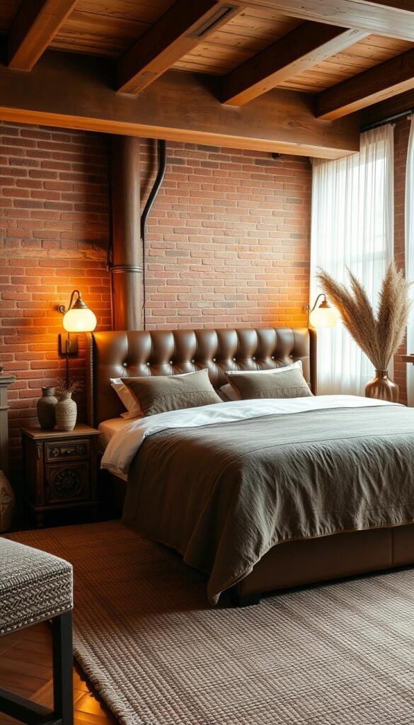 A cozy and inviting textured brown bedroom design, filled with warm and earthy tones. The focal point is a plush, tufted brown leather headboard, casting a soft glow under the gentle lighting of a pair of brass sconces. Complementing the headboard are wooden nightstands with intricate carved detailing, topped with textured ceramics and decorative vases. The floor is covered in a woven natural fiber rug, adding depth and visual interest. In the background, wooden beams and exposed brick walls create a rustic, yet refined ambiance, while sheer curtains filter the natural light, casting a serene atmosphere throughout the space.