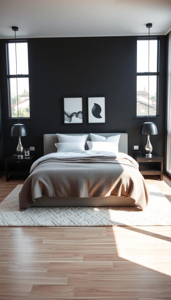 A cozy and modern bedroom with a bold black accent wall as the focal point. The wall is painted in a deep, rich black that creates a striking contrast against the neutral-toned bedding, furniture, and flooring. A large, plush bed with fluffy white pillows and a soft, textured gray comforter sits centered in the frame, framed by sleek, black nightstands and minimalist, black-and-white artwork. Soft, warm lighting from a pair of modern, spherical pendant lamps casts a gentle glow, creating a serene and inviting atmosphere. The room is bathed in natural light, with large windows allowing the sunlight to filter in and highlight the interplay of textures and tones.