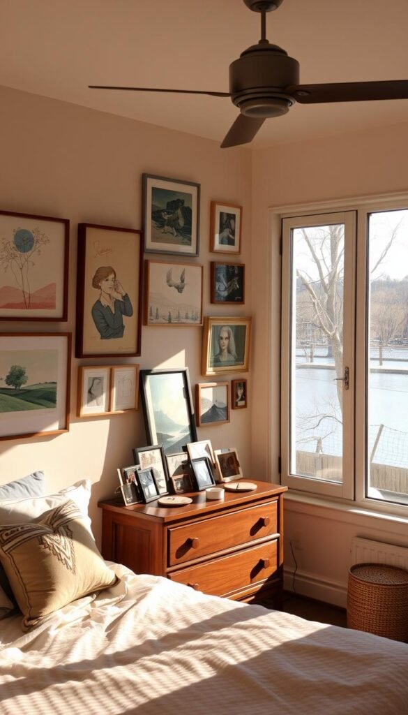A cozy and personalized bedroom interior with warm, soft lighting and a focus on handcrafted wall artwork. In the foreground, a collection of abstract paintings, sketches, and mixed media pieces in a harmonious color palette hang elegantly on the walls. In the middle ground, a wooden dresser or vanity holds personal trinkets and framed photographs, creating a sense of lived-in comfort. The background features a large window overlooking a serene outdoor scene, allowing natural light to filter in and adding to the tranquil atmosphere. The overall mood is one of a thoughtfully curated, artistic space that reflects the unique personality and style of the inhabitant.