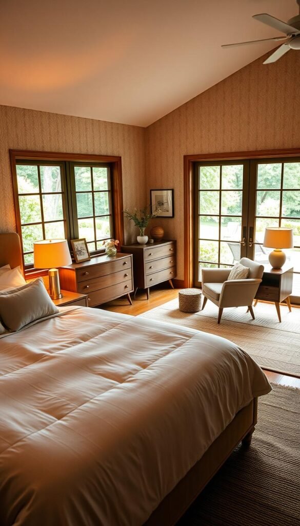 A cozy and purposeful bedroom design, bathed in warm, soft lighting. In the foreground, a plush, inviting king-sized bed with crisp white linens and luxurious velvet accents. Bedside tables with tasteful lamps flank the bed, casting a gentle glow. In the middle ground, a stylish mid-century modern dresser and a comfortable armchair create a harmonious seating area. The background features large windows overlooking a serene garden, allowing natural light to flood the space. Subtle textures, such as woven rugs and textured wallpaper, add depth and visual interest. The overall atmosphere is one of tranquility, comfort, and intentional design, creating an inviting and intimate sanctuary for a newlywed couple.