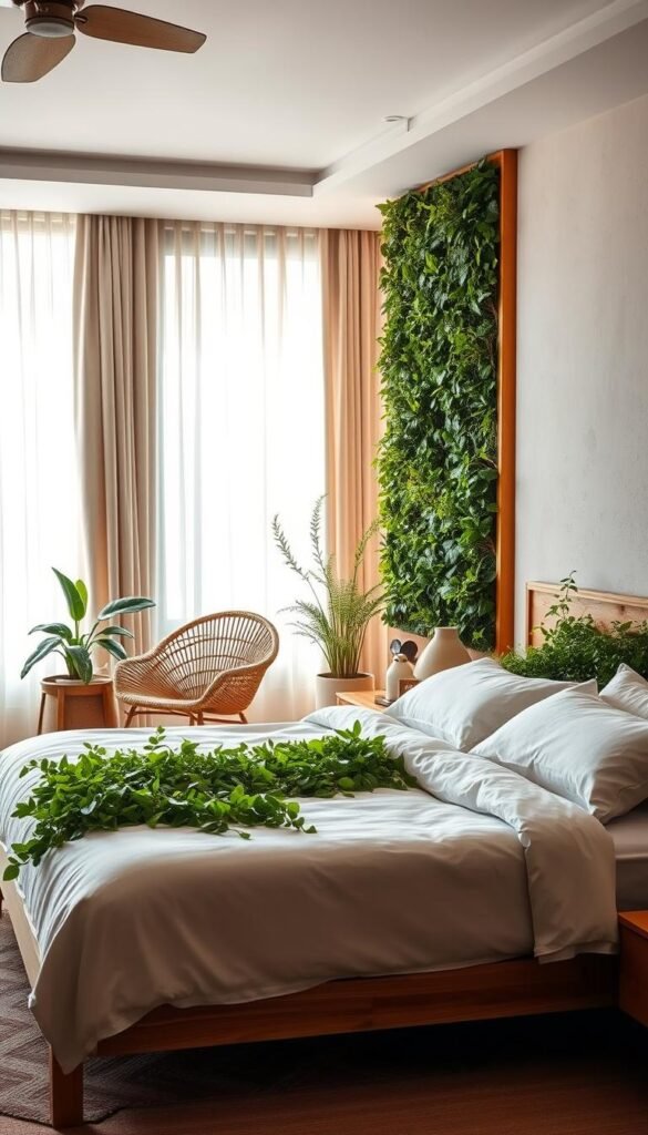 A cozy and serene bedroom design with biophilic elements. In the foreground, a large wooden-framed bed with lush green plants cascading from the headboard, creating a lush, nature-inspired ambiance. The middle ground features a woven rattan armchair and a side table with a potted plant. Soft, diffused natural light filters through sheer curtains, casting a warm glow. The background showcases a feature wall with vertical garden panels, blurring the line between indoor and outdoor spaces. Neutral tones, organic textures, and natural materials create a harmonious, restorative atmosphere, evoking a strong connection to the natural world. A cozy and serene bedroom design with biophilic elements. In the foreground, a large wooden-framed bed with lush green plants cascading from the headboard, creating a lush, nature-inspired ambiance. The middle ground features a woven rattan armchair and a side table with a potted plant. Soft, diffused natural light filters through sheer curtains, casting a warm glow. The background showcases a feature wall with vertical garden panels, blurring the line between indoor and outdoor spaces. Neutral tones, organic textures, and natural materials create a harmonious, restorative atmosphere, evoking a strong connection to the natural world.
