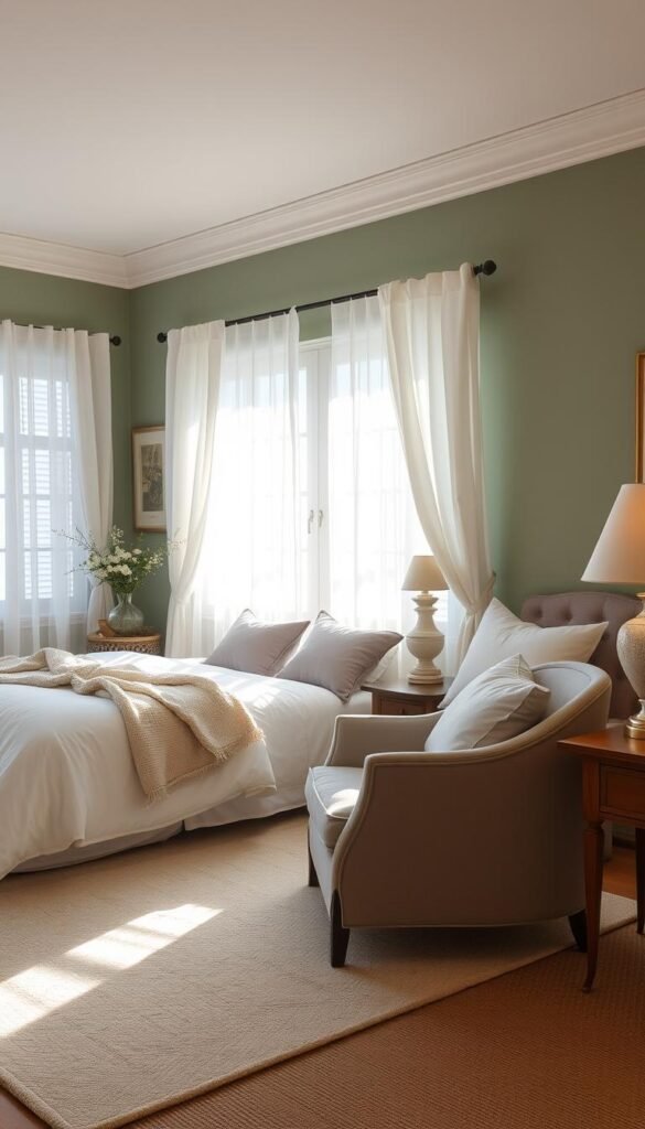 A cozy and serene muted vintage bedroom with warm neutral tones. The walls are a soft, muted green, complemented by plush white bedding and textiles. Sheer white curtains frame the windows, filtering in natural light that casts a gentle glow. Soft gray accent pieces, such as a velvet armchair and a wooden nightstand, add depth and texture. The lighting is a mix of natural sunlight and soft, ambient lamps, creating a tranquil atmosphere. The overall palette is harmonious, evoking a sense of timeless elegance and relaxation.