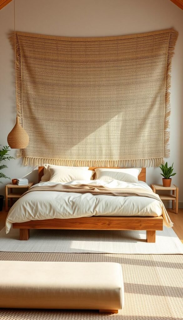 A cozy and serene sustainable bedroom with natural materials. In the foreground, a king-size bed with a rustic wooden frame and a plush, organic cotton duvet. In the middle ground, a set of minimalist nightstands made of bamboo, each with a small potted plant. The background features a wall adorned with a large woven tapestry, creating a warm and inviting ambiance. The room is illuminated by soft, natural lighting, casting a gentle glow on the space. The overall mood is one of tranquility and environmental consciousness, reflecting the harmony between nature and modern design. A cozy and serene sustainable bedroom with natural materials. In the foreground, a king-size bed with a rustic wooden frame and a plush, organic cotton duvet. In the middle ground, a set of minimalist nightstands made of bamboo, each with a small potted plant. The background features a wall adorned with a large woven tapestry, creating a warm and inviting ambiance. The room is illuminated by soft, natural lighting, casting a gentle glow on the space. The overall mood is one of tranquility and environmental consciousness, reflecting the harmony between nature and modern design.