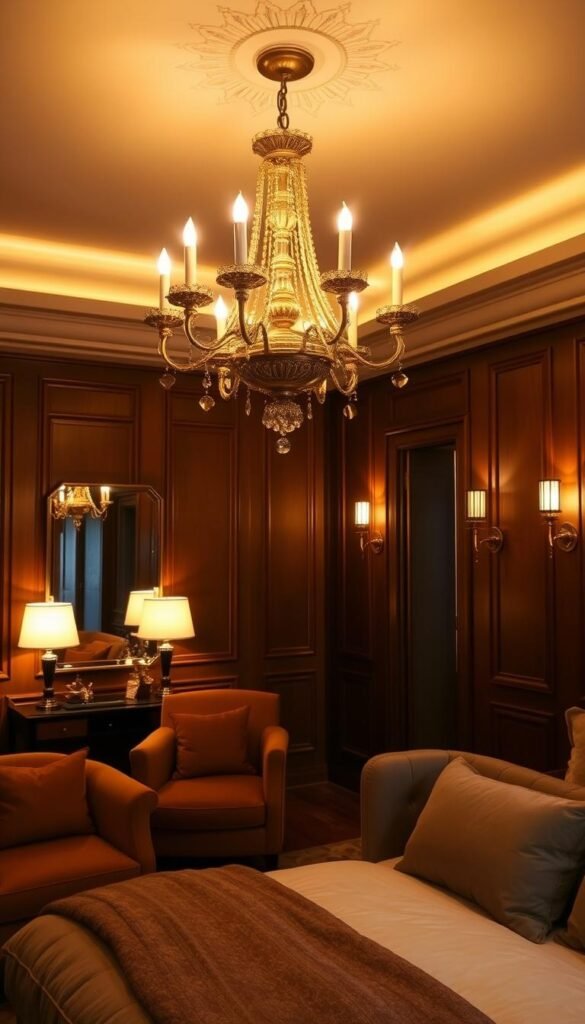 A cozy and sophisticated bedroom interior, bathed in a warm golden glow from a central chandelier. The chandelier casts a soft, intimate light over the scene, creating a luxurious and inviting ambiance. Plush, velvet-upholstered furniture, rich wood tones, and lush textiles fill the room, complementing the elegant lighting. Strategically placed sconces along the walls provide additional layers of illumination, casting a gentle, diffused light that enhances the overall atmosphere. The scene evokes a sense of tranquility and indulgence, perfectly suited for a luxurious bedroom design. A cozy and sophisticated bedroom interior, bathed in a warm golden glow from a central chandelier. The chandelier casts a soft, intimate light over the scene, creating a luxurious and inviting ambiance. Plush, velvet-upholstered furniture, rich wood tones, and lush textiles fill the room, complementing the elegant lighting. Strategically placed sconces along the walls provide additional layers of illumination, casting a gentle, diffused light that enhances the overall atmosphere. The scene evokes a sense of tranquility and indulgence, perfectly suited for a luxurious bedroom design.