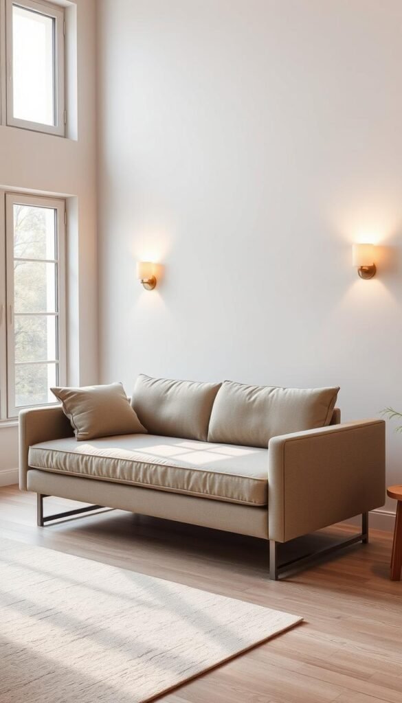 A cozy and versatile daybed with a sleek, modern design stands in a minimalist bedroom. The piece features a plush, upholstered seat and backrest, complemented by clean lines and a neutral color palette. Soft lighting from sconces on the wall creates a warm, inviting atmosphere, while large windows allow natural light to flood the space. The daybed's multifunctional nature is evident, as it can serve as both a comfortable seating area and a convenient sleeping surface when needed. Subtle textures and materials, such as wood and metal, add depth and visual interest to the overall design. A cozy and versatile daybed with a sleek, modern design stands in a minimalist bedroom. The piece features a plush, upholstered seat and backrest, complemented by clean lines and a neutral color palette. Soft lighting from sconces on the wall creates a warm, inviting atmosphere, while large windows allow natural light to flood the space. The daybed's multifunctional nature is evident, as it can serve as both a comfortable seating area and a convenient sleeping surface when needed. Subtle textures and materials, such as wood and metal, add depth and visual interest to the overall design.