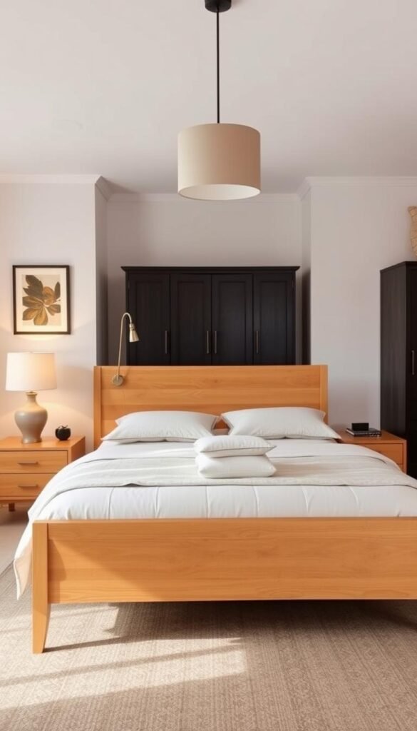 A cozy and well-balanced bedroom with a mix of light and dark wood furniture. In the foreground, a mid-century modern-style bed with a light oak headboard and nightstands, complemented by plush, neutral-toned bedding. Against the far wall, a dark espresso dresser and armoire create a striking contrast. Warm lighting from table lamps and a pendant fixture overhead casts a gentle glow, accentuating the natural textures of the wood. Soft, neutral-colored walls and a patterned area rug in the middle ground tie the space together, exuding a sense of harmony and sophistication. The overall atmosphere is one of relaxation and inviting comfort. A cozy and well-balanced bedroom with a mix of light and dark wood furniture. In the foreground, a mid-century modern-style bed with a light oak headboard and nightstands, complemented by plush, neutral-toned bedding. Against the far wall, a dark espresso dresser and armoire create a striking contrast. Warm lighting from table lamps and a pendant fixture overhead casts a gentle glow, accentuating the natural textures of the wood. Soft, neutral-colored walls and a patterned area rug in the middle ground tie the space together, exuding a sense of harmony and sophistication. The overall atmosphere is one of relaxation and inviting comfort.