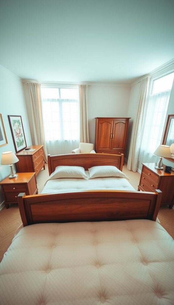 A cozy and well-designed bedroom layout with harmonious furniture arrangement. In the foreground, a plush queen-sized bed with a wooden headboard takes center stage, flanked by matching nightstands with reading lamps. In the middle ground, a tasteful dresser and wardrobe provide ample storage, complemented by a chic armchair in the corner. The background showcases a large window, allowing natural light to flood the space and create a warm, inviting atmosphere. The overall palette features soft, neutral tones, creating a serene and relaxing ambiance. The camera angle is slightly elevated, providing a comprehensive view of the carefully curated bedroom space. A cozy and well-designed bedroom layout with harmonious furniture arrangement. In the foreground, a plush queen-sized bed with a wooden headboard takes center stage, flanked by matching nightstands with reading lamps. In the middle ground, a tasteful dresser and wardrobe provide ample storage, complemented by a chic armchair in the corner. The background showcases a large window, allowing natural light to flood the space and create a warm, inviting atmosphere. The overall palette features soft, neutral tones, creating a serene and relaxing ambiance. The camera angle is slightly elevated, providing a comprehensive view of the carefully curated bedroom space.