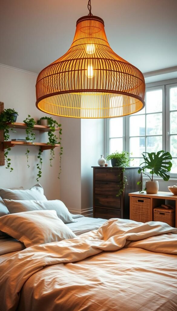 A cozy bedroom bathed in warm, ambient lighting from a stunning cane rattan pendant fixture. The soft glow emanates a natural, rustic charm, complementing the natural fiber textures and earthy tones of the room. A plush, inviting bed with linen bedding sits in the foreground, while a wooden dresser and nightstand with rattan accents occupy the middle ground. Trailing plants cascade from shelves, adding a touch of lush greenery. Large windows in the background let in diffused natural light, creating a serene, sun-dappled atmosphere. The overall scene evokes a soothing, tranquil vibe, perfect for a relaxing, nature-inspired bedroom. A cozy bedroom bathed in warm, ambient lighting from a stunning cane rattan pendant fixture. The soft glow emanates a natural, rustic charm, complementing the natural fiber textures and earthy tones of the room. A plush, inviting bed with linen bedding sits in the foreground, while a wooden dresser and nightstand with rattan accents occupy the middle ground. Trailing plants cascade from shelves, adding a touch of lush greenery. Large windows in the background let in diffused natural light, creating a serene, sun-dappled atmosphere. The overall scene evokes a soothing, tranquil vibe, perfect for a relaxing, nature-inspired bedroom.