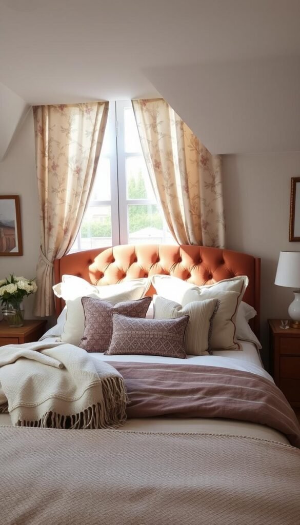 A cozy bedroom filled with a harmonious blend of textiles and upholstery. The focal point is a plush, tufted headboard in a rich, velvety fabric that complements the warm, rustic wood tones of the bed frame. Delicate floral curtains in a soft, muted palette frame the windows, casting a gentle, natural light throughout the space. Layered throw pillows and a cozy blanket in complementary patterns and textures add depth and visual interest. The overall atmosphere is one of comfort, sophistication, and a cohesive design that ties the room together seamlessly. A cozy bedroom filled with a harmonious blend of textiles and upholstery. The focal point is a plush, tufted headboard in a rich, velvety fabric that complements the warm, rustic wood tones of the bed frame. Delicate floral curtains in a soft, muted palette frame the windows, casting a gentle, natural light throughout the space. Layered throw pillows and a cozy blanket in complementary patterns and textures add depth and visual interest. The overall atmosphere is one of comfort, sophistication, and a cohesive design that ties the room together seamlessly.