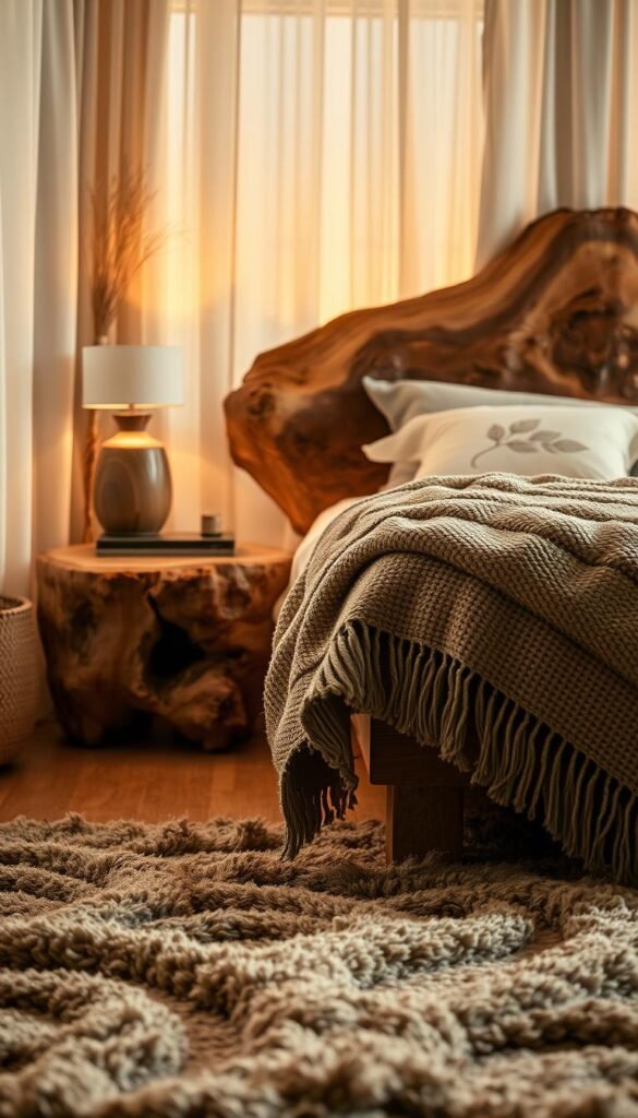 A cozy bedroom scene filled with natural textures and organic warmth. In the foreground, a plush, textured rug in earthy tones adds softness underfoot. Midground features a rustic wooden nightstand with a carved, gnarled surface, topped by a gently glowing table lamp casting a warm amber light. Behind, the bed is adorned with a lush, woven blanket in neutral hues, complemented by a decorative pillow with a subtle leaf pattern. The background showcases a wooden headboard with a raw, unfinished appearance, creating a sense of natural elegance. Indirect, ambient lighting filters through sheer curtains, bathing the space in a gentle, golden glow. An overall atmosphere of comfort, coziness, and harmony between natural materials. A cozy bedroom scene filled with natural textures and organic warmth. In the foreground, a plush, textured rug in earthy tones adds softness underfoot. Midground features a rustic wooden nightstand with a carved, gnarled surface, topped by a gently glowing table lamp casting a warm amber light. Behind, the bed is adorned with a lush, woven blanket in neutral hues, complemented by a decorative pillow with a subtle leaf pattern. The background showcases a wooden headboard with a raw, unfinished appearance, creating a sense of natural elegance. Indirect, ambient lighting filters through sheer curtains, bathing the space in a gentle, golden glow. An overall atmosphere of comfort, coziness, and harmony between natural materials.