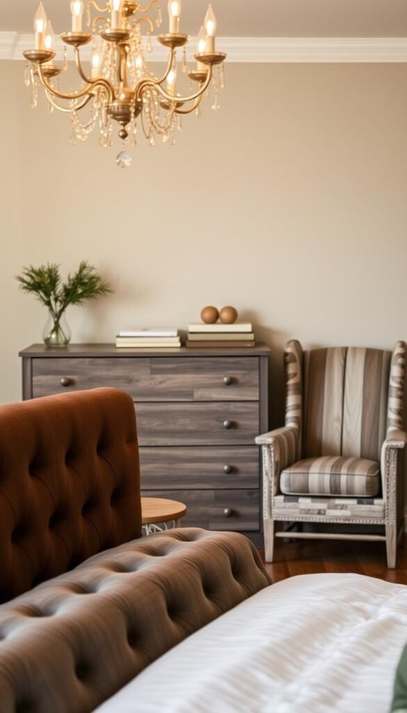 A cozy bedroom scene with an array of tasteful furniture finishes. In the foreground, a plush, tufted headboard in a rich walnut hue commands attention. Mid-ground features a sleek, modern dresser in a muted grey oak, complemented by a matching nightstand in a lighter wood tone. In the background, a rustic armchair with a weathered, distressed pine finish stands as a focal point. Soft, diffused lighting from a delicate chandelier casts a warm, inviting glow throughout the room, creating an atmosphere of tranquility and elegance. The overall composition showcases a harmonious blend of textures, tones, and styles that elevate the bedroom's aesthetic. A cozy bedroom scene with an array of tasteful furniture finishes. In the foreground, a plush, tufted headboard in a rich walnut hue commands attention. Mid-ground features a sleek, modern dresser in a muted grey oak, complemented by a matching nightstand in a lighter wood tone. In the background, a rustic armchair with a weathered, distressed pine finish stands as a focal point. Soft, diffused lighting from a delicate chandelier casts a warm, inviting glow throughout the room, creating an atmosphere of tranquility and elegance. The overall composition showcases a harmonious blend of textures, tones, and styles that elevate the bedroom's aesthetic.