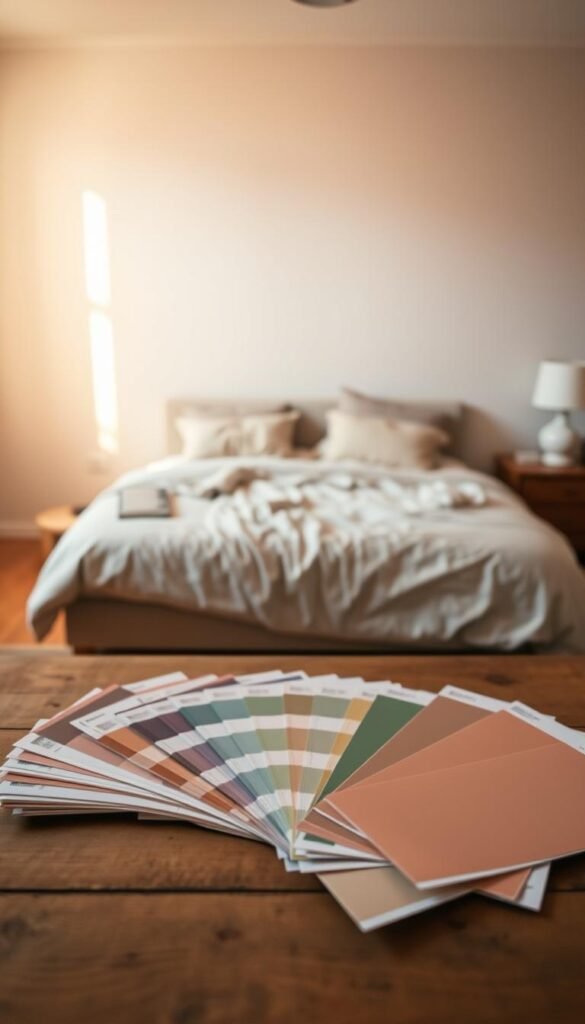 A cozy bedroom setting showcasing the process of selecting a color palette. In the foreground, an array of paint swatches and color samples are neatly arranged on a wooden table, inviting the viewer to explore the range of hues. In the middle ground, a serene bedroom scene comes into focus, featuring a plush bed with soft bedding in muted tones. The walls are blank, allowing the viewer to envision the final transformation. The lighting is warm and natural, casting a gentle glow throughout the space. The overall atmosphere evokes a sense of tranquility and thoughtful decision-making, reflecting the careful consideration required when choosing the perfect color palette for one's personal retreat.