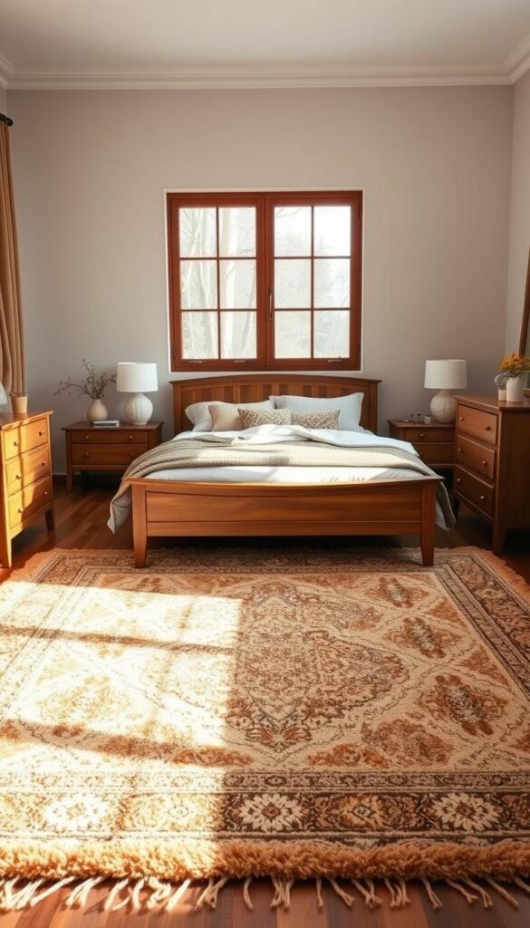 A cozy bedroom showcasing a carefully curated selection of Polish furniture design. The focal point is a plush, hand-woven area rug in a rich, earthy tone that anchors the space. The rug's intricate pattern and luxurious texture complement the warm, wooden tones of the bed frame, nightstands, and dresser. Soft, diffused lighting from a large window illuminates the scene, creating a serene and inviting atmosphere. The rug is strategically placed to define the sleeping and lounging areas, seamlessly integrating the furniture and flooring choices. The overall effect is a harmonious and visually appealing bedroom that reflects the best of Polish furniture design.