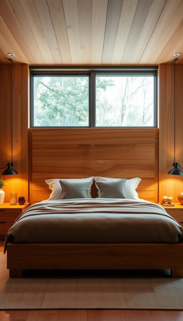 A cozy bedroom with a focus on natural wood accents. Warm, diffused lighting emanates from a large, rustic wooden headboard that dominates the middle ground. Smooth, honey-toned wood nightstands flank a plush, neutral-colored bed, their surfaces adorned with simple decor. In the background, a large window allows natural light to filter in, illuminating the soft, earthy textures of the wood paneling on the walls. The overall atmosphere is one of organic sophistication, creating a serene and inviting space.