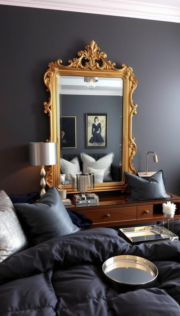 A cozy bedroom with a modern, chic aesthetic. The centerpiece is a grand, ornate vanity mirror framed in gleaming metallic gold. The vanity is topped with an array of shimmering metallic accents - a brushed steel lamp, a chrome jewelry stand, and a mirrored makeup tray. The bedding is a plush charcoal duvet, complemented by shimmering pewter and gunmetal throw pillows. The walls are a deep, moody gray, reflecting the metallic details and creating a sense of depth and sophistication. Soft, warm lighting from the mirror and lamp casts a gentle glow, adding to the serene, tranquil atmosphere.