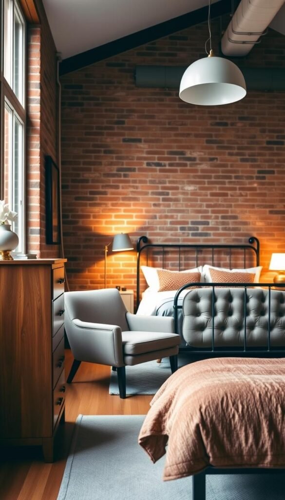 A cozy bedroom with a striking mix of furniture styles, creating a harmonious and eclectic ambiance. In the foreground, a vintage wooden dresser stands alongside a sleek, modern nightstand with clean lines. In the middle, a plush, tufted velvet armchair contrasts with a minimalist metal-framed bed. The background showcases a brick wall, casting a warm, inviting glow. Soft, diffused lighting from a hanging pendant and table lamps provides a relaxed, intimate atmosphere, while large windows allow natural light to filter in. The overall scene blends classic and contemporary elements, reflecting a unique and personalized style.