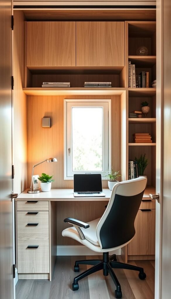 A cozy closet nook transformed into a functional workspace, bathed in warm, natural light filtering through a large window. The custom-built desk seamlessly integrates into the wall, providing ample surface area for a laptop, plants, and decorative accents. Sleek, minimalist shelving above the desk offers convenient storage for books, files, and office supplies, creating a clutter-free, productive environment. Soft, neutral tones in the woodgrain and textiles complement the bright, airy atmosphere, while a plush, ergonomic chair ensures comfort during long work sessions. The overall design strikes a balance between practicality and aesthetic appeal, transforming a underutilized space into a inviting, versatile nook. A cozy closet nook transformed into a functional workspace, bathed in warm, natural light filtering through a large window. The custom-built desk seamlessly integrates into the wall, providing ample surface area for a laptop, plants, and decorative accents. Sleek, minimalist shelving above the desk offers convenient storage for books, files, and office supplies, creating a clutter-free, productive environment. Soft, neutral tones in the woodgrain and textiles complement the bright, airy atmosphere, while a plush, ergonomic chair ensures comfort during long work sessions. The overall design strikes a balance between practicality and aesthetic appeal, transforming a underutilized space into a inviting, versatile nook.