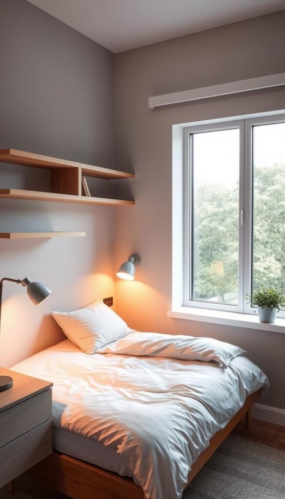 A cozy corner bedroom with a space-saving twin-size bed tucked into the angle, surrounded by minimalist floating shelves and a sleek, modern nightstand. The bed is adorned with crisp white linens and plush pillows, illuminated by a warm, adjustable lamp. In the background, a large window floods the room with natural light, casting a soft, airy glow. The overall scene conveys a sense of efficient, contemporary design tailored to a compact living space.