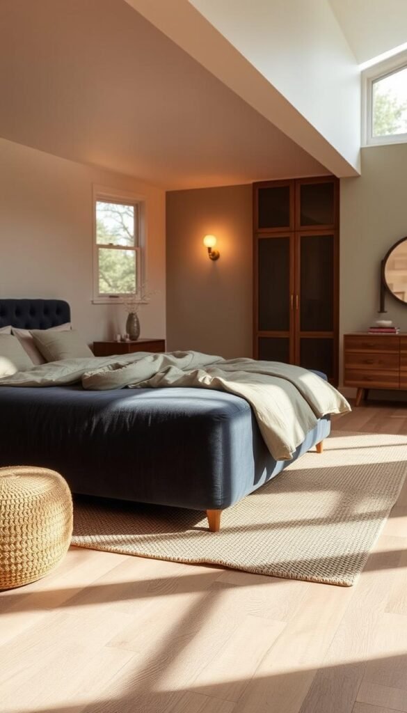 A cozy, inviting bedroom with a focus on harmonious color palettes and captivating textures. In the foreground, a plush, velvet-upholstered bed in a rich, jewel-toned hue, complemented by soft, linen bedding in a complementary shade. The middle ground features a delicate, hand-woven area rug with a subtle, organic pattern, layered over a light, hardwood floor. The background showcases soothing, pastel-tinted walls, accentuated by the warm glow of a pair of modern, brass sconces. Diffused, natural lighting streams in through large windows, casting a serene, ambient atmosphere throughout the space. The overall scene evokes a sense of tranquility and sophistication, inspiring the viewer to create their own calming, harmonious bedroom retreat.