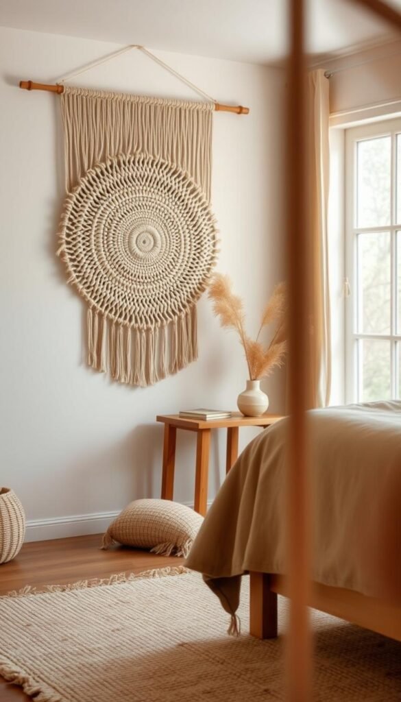 A cozy, inviting bedroom with a warm, natural aesthetic. In the foreground, a beautifully textured woven wall hanging, its intricate pattern and neutral tones adding depth and visual interest. In the middle ground, a wooden side table and a plush, earthy-toned area rug, complementing the woven element. The background features a large window, allowing soft, diffused natural light to bathe the space, creating a serene, tranquil atmosphere. The overall composition evokes a sense of harmony, balance, and a connection to the natural world, perfectly capturing the essence of introducing texture with woven and natural elements into bedroom decor. A cozy, inviting bedroom with a warm, natural aesthetic. In the foreground, a beautifully textured woven wall hanging, its intricate pattern and neutral tones adding depth and visual interest. In the middle ground, a wooden side table and a plush, earthy-toned area rug, complementing the woven element. The background features a large window, allowing soft, diffused natural light to bathe the space, creating a serene, tranquil atmosphere. The overall composition evokes a sense of harmony, balance, and a connection to the natural world, perfectly capturing the essence of introducing texture with woven and natural elements into bedroom decor.