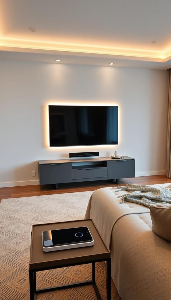 A cozy, minimalist bedroom with a sleek, discreet entertainment system seamlessly integrated into the decor. A floating media console beneath a large, frameless smart TV blends seamlessly into the neutral-toned walls. Subtle ambient lighting emanates from concealed fixtures, creating a warm, inviting atmosphere. An end table houses a wireless charging pad and a voice-controlled smart home hub, all hidden behind a sliding panel. The room exudes a sense of modern, effortless technology integration, complementing the refined, contemporary furniture arrangement. A cozy, minimalist bedroom with a sleek, discreet entertainment system seamlessly integrated into the decor. A floating media console beneath a large, frameless smart TV blends seamlessly into the neutral-toned walls. Subtle ambient lighting emanates from concealed fixtures, creating a warm, inviting atmosphere. An end table houses a wireless charging pad and a voice-controlled smart home hub, all hidden behind a sliding panel. The room exudes a sense of modern, effortless technology integration, complementing the refined, contemporary furniture arrangement.