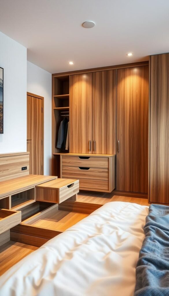 A cozy, modern bedroom with a focus on sleek, integrated storage solutions. In the foreground, a wooden bed frame with built-in drawers and shelves, creating a seamless, clutter-free aesthetic. In the middle ground, a wooden dresser with clean lines and hidden compartments, complementing the overall design. The background features a minimalist wardrobe system with sliding doors, maximizing vertical space and keeping the room uncluttered. Soft, diffused lighting illuminates the space, creating a warm, inviting atmosphere. The overall composition emphasizes efficiency, organization, and a harmonious blend of form and function.