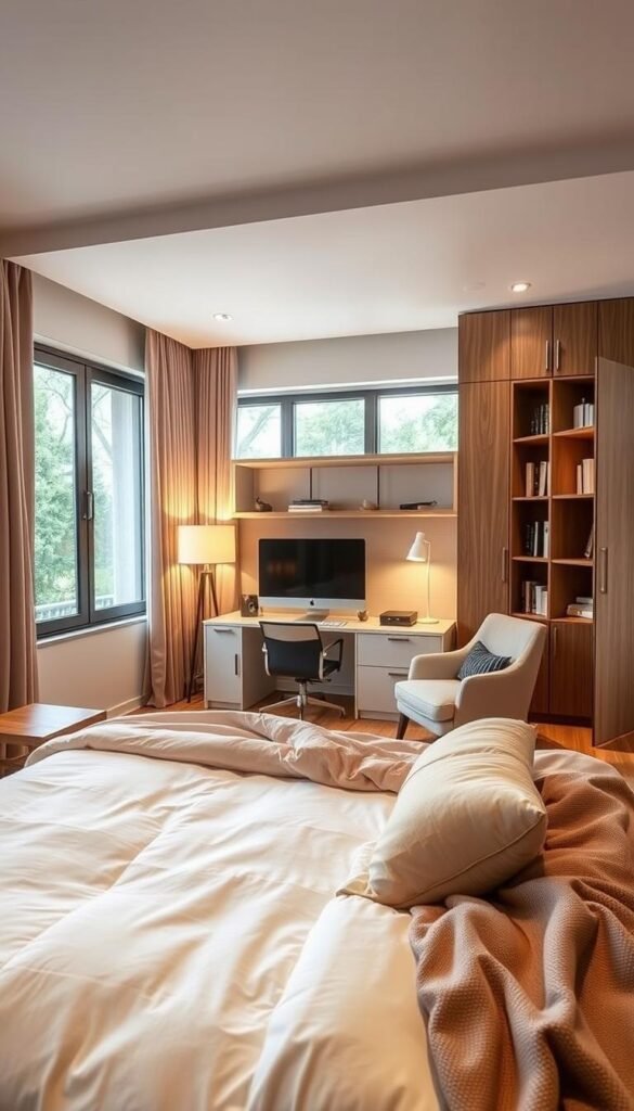 A cozy, modern bedroom with a well-defined zoning layout. In the foreground, a comfy queen-sized bed with plush bedding and a wooden headboard. Behind it, a minimalist desk setup with a slim monitor, sleek lamp, and neatly arranged office supplies. To the side, a reading nook with a cozy armchair and a floor lamp, creating a relaxing, intimate atmosphere. In the background, built-in shelves and cabinets provide ample storage, while large windows flood the space with warm, natural lighting. The overall design seamlessly blends form and function, showcasing how a bedroom can be transformed into a multi-purpose haven.