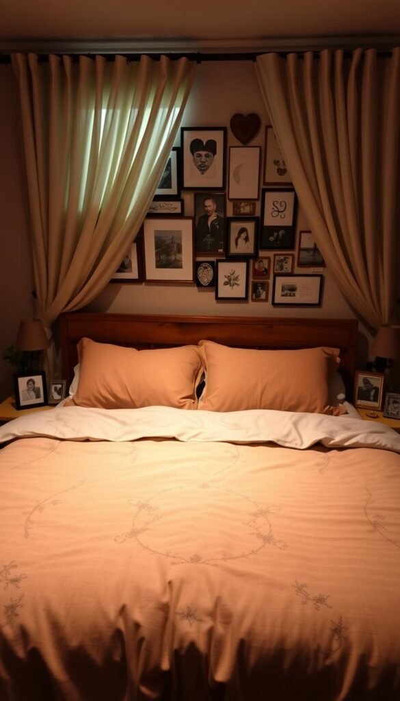 A cozy, personalized bedroom with intimate lighting and warm, natural textures. In the foreground, a plush bedspread in muted tones adorned with delicate embroidered patterns, reflecting the couple's shared aesthetic. On the nightstands, framed photographs and small trinkets that tell their unique love story. The middle ground showcases a rustic wooden headboard, complemented by soft, flowing curtains that filter the ambient light. In the background, a gallery wall displays a curated collection of artwork and mementos, each piece a cherished memory. The overall scene evokes a sense of comfort, individuality, and a deep connection between the occupants.