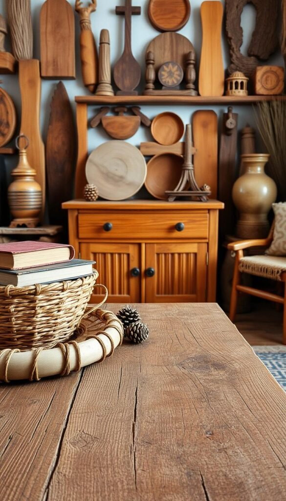 A cozy, rustic setting showcasing an array of textured wooden furniture. In the foreground, a weathered, reclaimed wood table is adorned with a collection of natural materials - a woven basket, a stack of antique books, and a scattering of pinecones. The middle ground features a solid oak dresser, its grain and knots accentuated by soft, directional lighting. In the background, a wall-mounted shelving unit displays an eclectic mix of wooden decor pieces, their varied tones and textures creating a harmonious and inviting atmosphere. The overall scene evokes a sense of warmth, authenticity, and a appreciation for the beauty of natural materials.