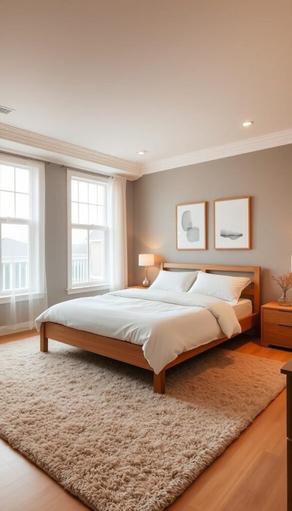 A cozy, serene bedroom with a calming, neutral color palette. The space features a plush, oatmeal-colored area rug, complementing the soft gray walls and natural wood furniture. Diffused, warm lighting casts a soothing glow, while large windows allow natural light to fill the room. A minimalist, solid wood bed frame takes center stage, dressed in crisp, white linens. Tasteful, abstract artwork adorns the walls, adding subtle visual interest. The overall atmosphere is one of simplicity, tranquility, and understated elegance.