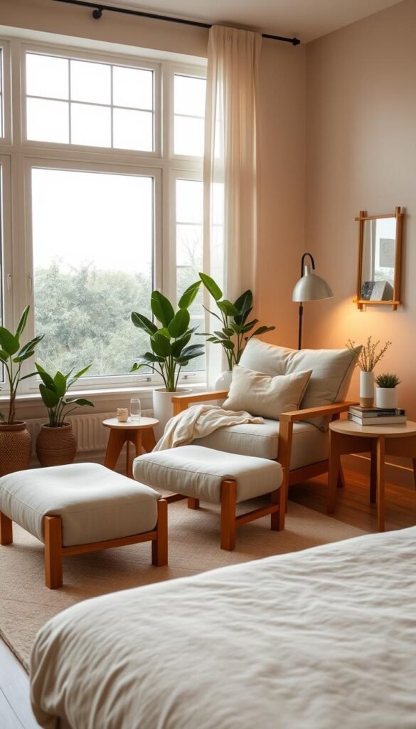 A cozy, serene bedroom with a plush armchair and ottomans in a soft, muted color palette. The furniture has clean, minimalist lines and natural, organic textures like wood and linen. Warm, diffused lighting creates a calming ambiance, while large windows allow natural light to flood the space. Potted plants and simple decor accents add touches of greenery and warmth. The overall atmosphere is one of tranquility and personal comfort, inviting the viewer to relax and unwind in their own private sanctuary.