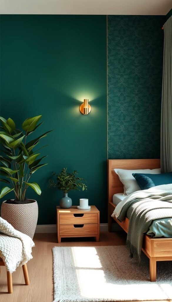 A cozy small bedroom with a stunning accent wall in a deep, rich shade of emerald green. The wall features an elegant, geometric pattern in a contrasting lighter tone, creating a visually striking focal point. Soft, warm lighting from a minimalist brass wall sconce illuminates the textured surface, adding depth and dimension. The room is adorned with natural wood furniture, plush textiles, and lush greenery, fostering a serene and inviting atmosphere. A large window allows natural light to filter in, lending an airy, tranquil ambiance to the space.