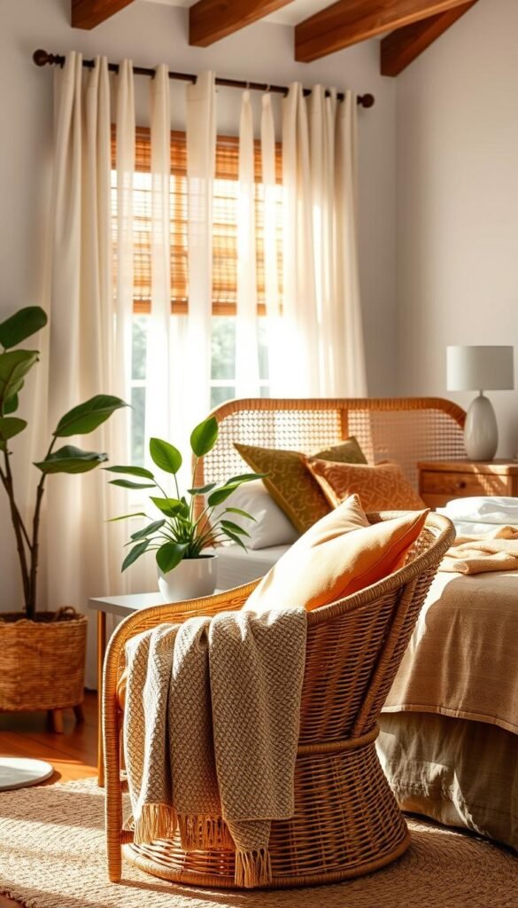 A cozy, sun-drenched bedroom showcases a stunning cane furniture set. In the foreground, a woven cane chair is draped with a soft, textured throw blanket in earthy tones. Beside it, a cane-framed side table displays a lush, leafy potted plant. The middle ground features a cane-backed headboard, adorned with plush, patterned accent pillows in hues of ochre and sage. Sheer, linen curtains frame the window, allowing natural light to flood the space and creating a serene, airy atmosphere. The background features a wooden dresser, its surface topped with woven baskets and a sleek, modern lamp. The overall scene exudes a natural, soothing ambiance, perfectly complementing the cane furniture. A cozy, sun-drenched bedroom showcases a stunning cane furniture set. In the foreground, a woven cane chair is draped with a soft, textured throw blanket in earthy tones. Beside it, a cane-framed side table displays a lush, leafy potted plant. The middle ground features a cane-backed headboard, adorned with plush, patterned accent pillows in hues of ochre and sage. Sheer, linen curtains frame the window, allowing natural light to flood the space and creating a serene, airy atmosphere. The background features a wooden dresser, its surface topped with woven baskets and a sleek, modern lamp. The overall scene exudes a natural, soothing ambiance, perfectly complementing the cane furniture.