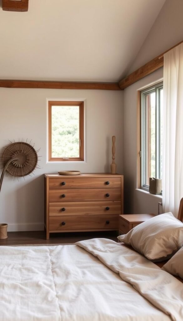 A cozy, sun-drenched bedroom with natural wood furniture and warm, earthy textiles. In the foreground, a large, inviting bed with a plush, organic bedspread and linen pillows. In the middle ground, a minimalist, handcrafted dresser and nightstand made of sustainable materials like bamboo or reclaimed wood. The background features a large window overlooking a lush, verdant landscape, filling the room with soft, natural light. The overall atmosphere is one of tranquility, comfort, and environmental consciousness, reflecting a commitment to sustainable, high-quality design.