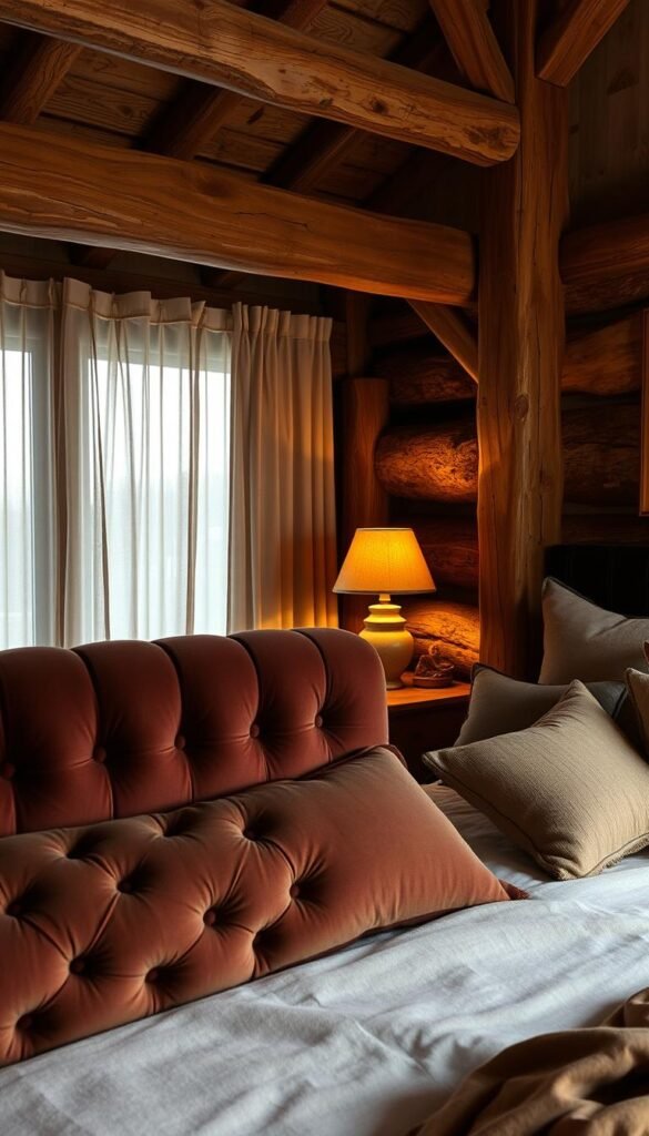 A cozy, textured bedroom with layers of natural materials and soft lighting. In the foreground, a plush, tufted velvet headboard with a rich, jewel-toned hue. Layered atop it, a linen duvet cover and decorative pillows in muted earth tones. The middle ground features a solid wood nightstand with a worn, weathered finish, topped with a table lamp emitting a warm, amber glow. In the background, exposed wooden beams create a rustic, cabin-like ambiance, while sheer curtains filter the sunlight, casting a soft, diffused illumination throughout the space. The overall scene exudes a sense of warmth, depth, and relaxation.