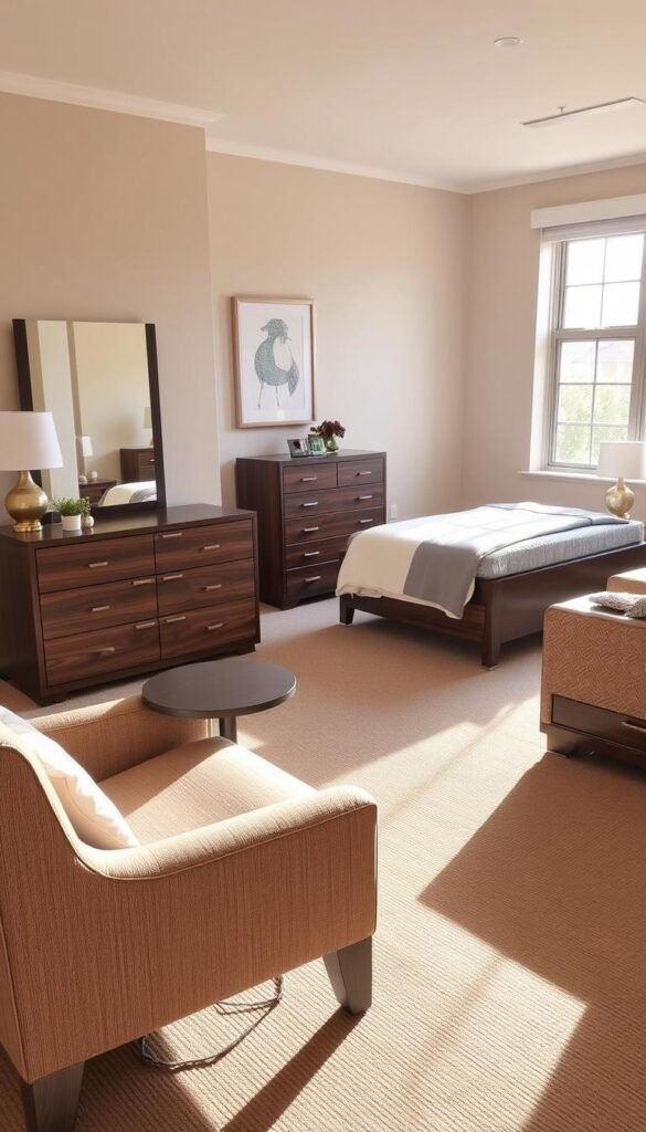 A cozy, well-appointed bedroom featuring a range of functional furniture pieces. In the foreground, a plush armchair with a built-in side table for reading and relaxation, positioned near a large window that floods the space with warm, natural lighting. In the middle ground, a sturdy, multifunctional dresser with ample storage and a sleek, integrated vanity mirror. Across the room, a low-profile, platform bed frame with built-in nightstands and reading lamps, creating a harmonious and efficient layout. The overall atmosphere is one of understated elegance and thoughtful design, perfectly suited for a bedroom that seamlessly blends form and function.