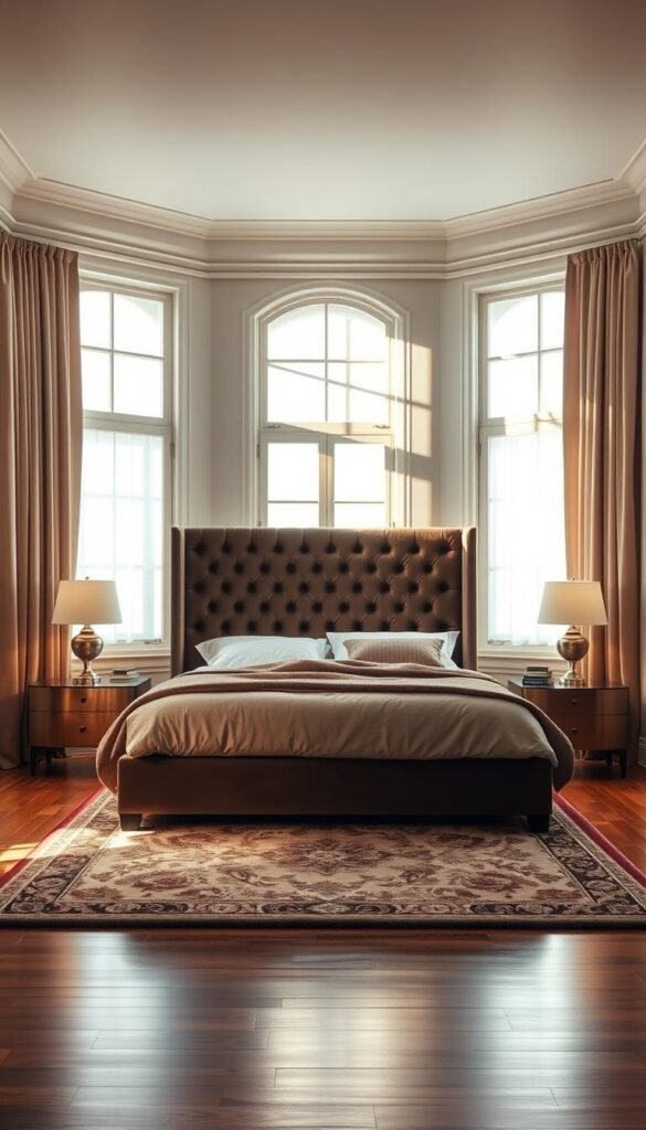 A cozy, well-appointed bedroom with a serene, relaxing ambiance. In the center, a plush, upholstered headboard in a rich, jewel-toned velvet commands attention, its intricate tufting and gentle curves creating a striking focal point. Soft, filtered light bathes the space, casting a warm, inviting glow and casting gentle shadows that accentuate the room's architectural details. The hardwood floor is adorned with a luxurious, patterned area rug, while the large windows allow natural light to flood the space, creating a sense of openness and tranquility. Elegant, minimalist bedside tables with soft, diffused lighting flank the bed, while a neutral, earthy color palette and natural textures, like linen and wood, contribute to the overall sense of restful elegance.