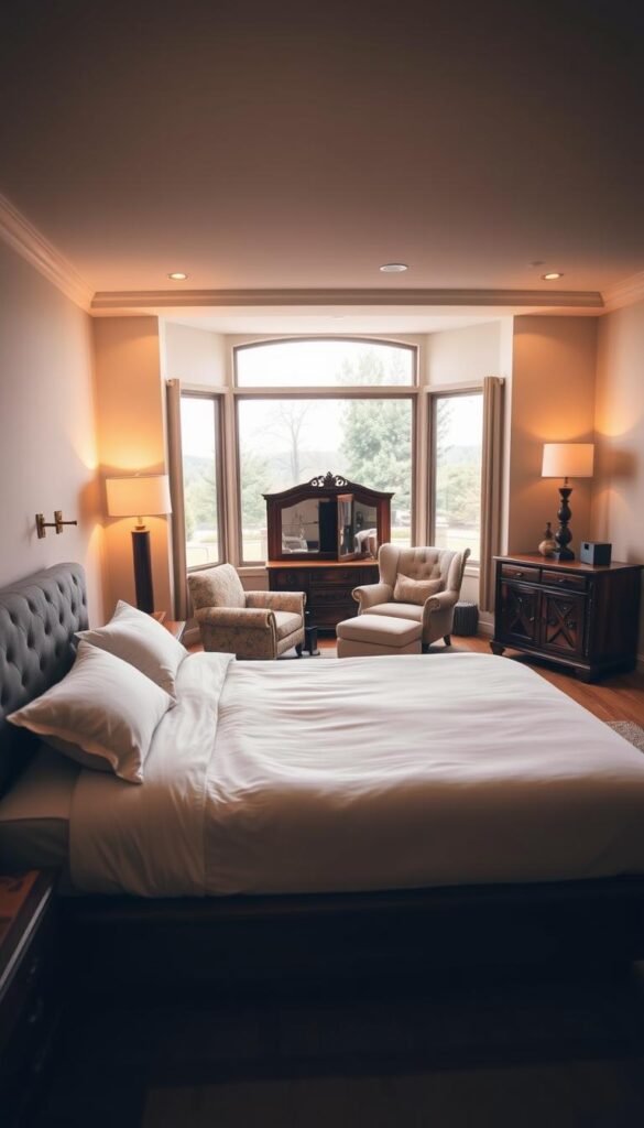 A cozy, well-appointed couple's bedroom in a warm, earthy color palette. In the foreground, a plush king-sized bed with crisp white linens and a tufted gray headboard. Flanking the bed, a pair of minimalist wood nightstands with sleek lamps emitting a soft, ambient glow. In the middle ground, a large dresser in a rich walnut finish, with intricate carved detailing. Beyond, a comfortable armchair and ottoman in a complementary fabric, positioned near a large window overlooking a serene outdoor scene. The lighting is soft and diffused, creating a relaxing, intimate atmosphere ideal for a newlywed's private retreat.